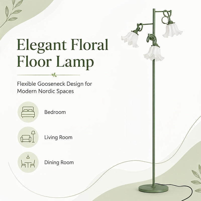 Lampadaire à trois fleurs blanches sur tiges vert sauge flexibles