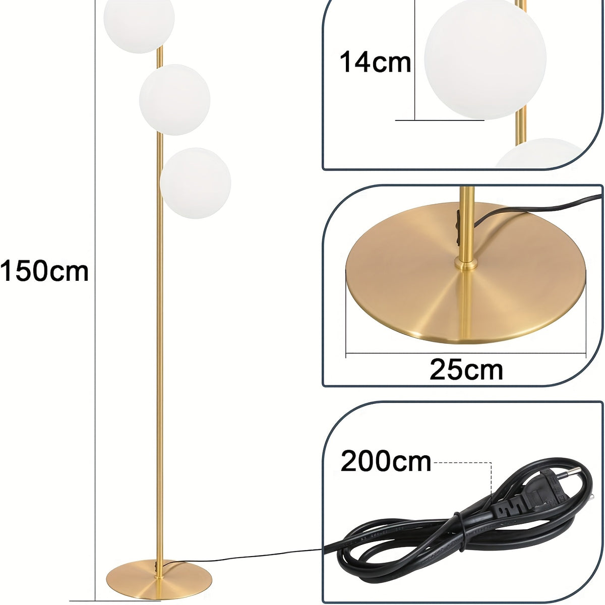 Lampadaire trois boules de verre blanc en cascade, pied doré