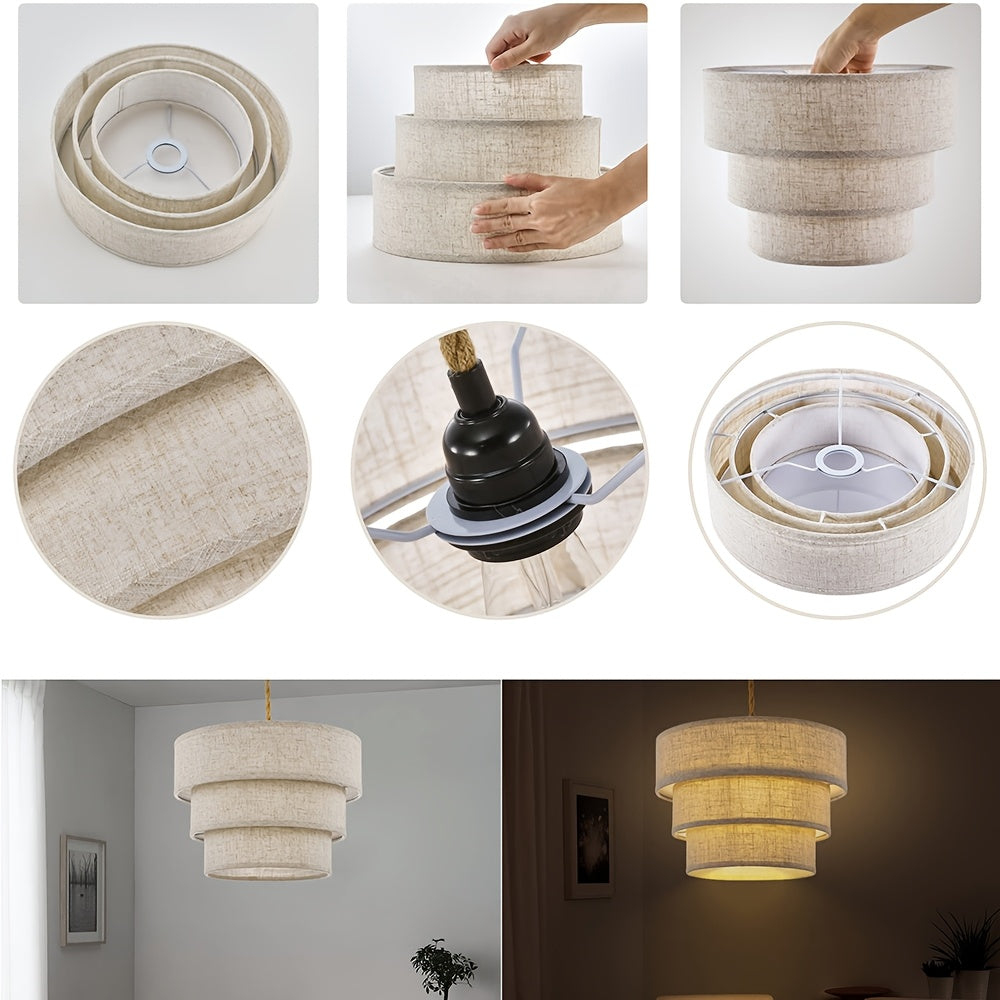 Abat-jour tambour en lin à trois étages pour suspension, Ø 30 cm