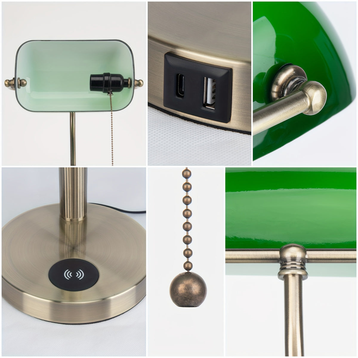 Lampe de banquier en verre vert, recharge sans fil et ports USB