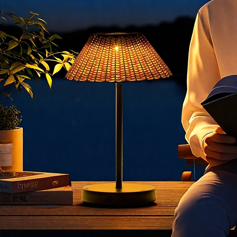 Lampe de table solaire à abat-jour tressé effet rotin, 31,5 cm