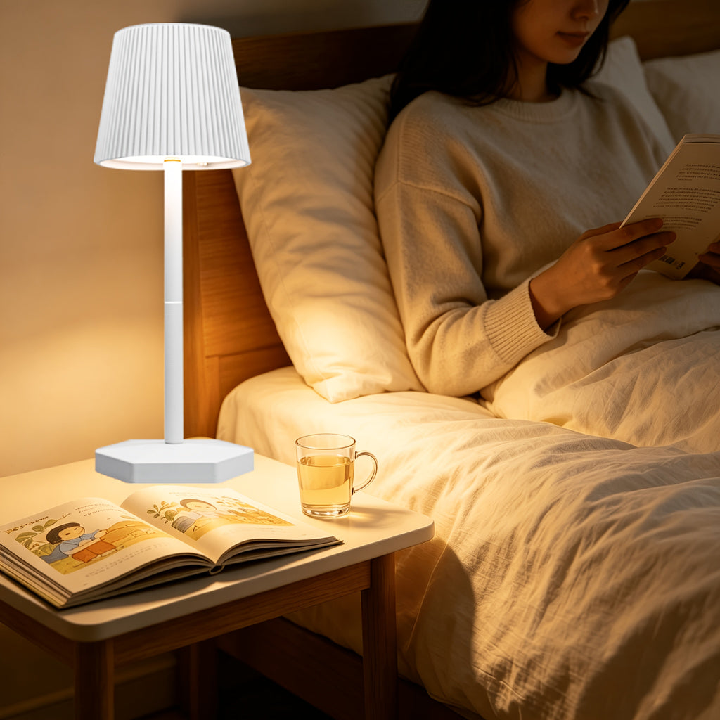 Lampe de table sans fil à abat-jour plissé, socle hexagonal tactile