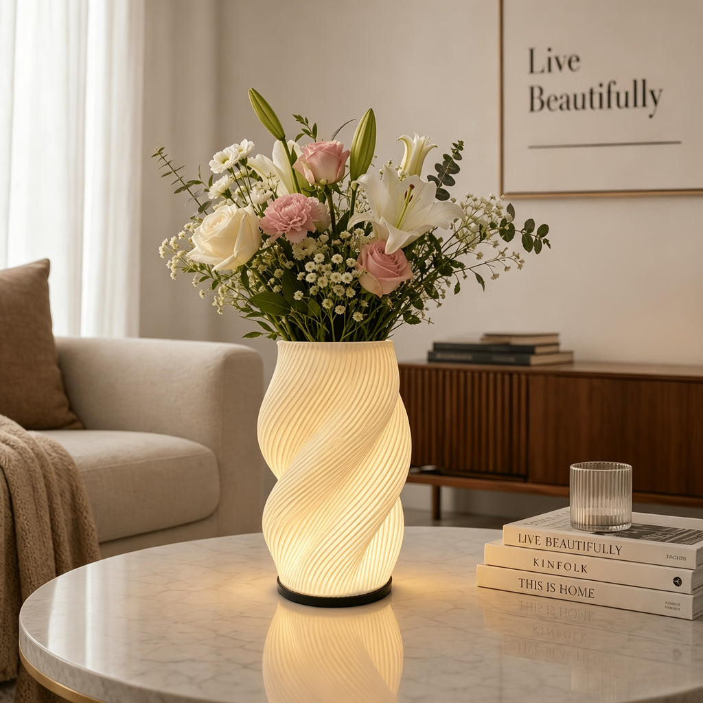 Lampe vase imprimée en 3D à spirale, vert ou lilas, USB, 19 cm