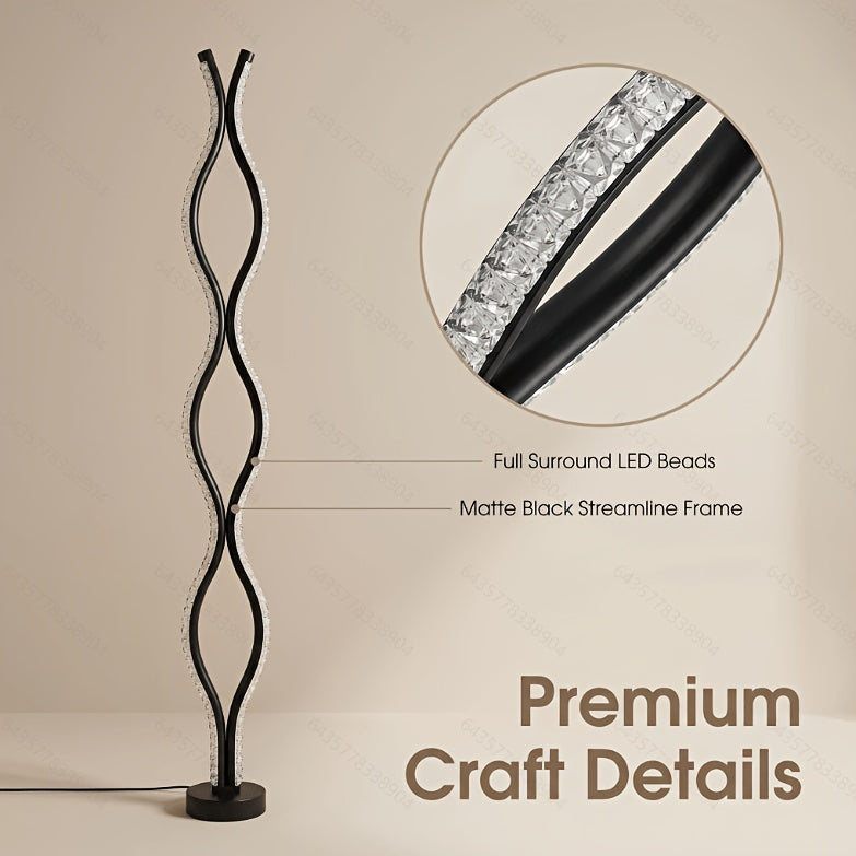 Lampe de sol LED ondulée noire effet cristal, trois teintes, 117 cm