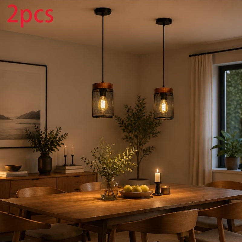 Lot de 2 suspensions, grille métal et bois ou baguettes de verre