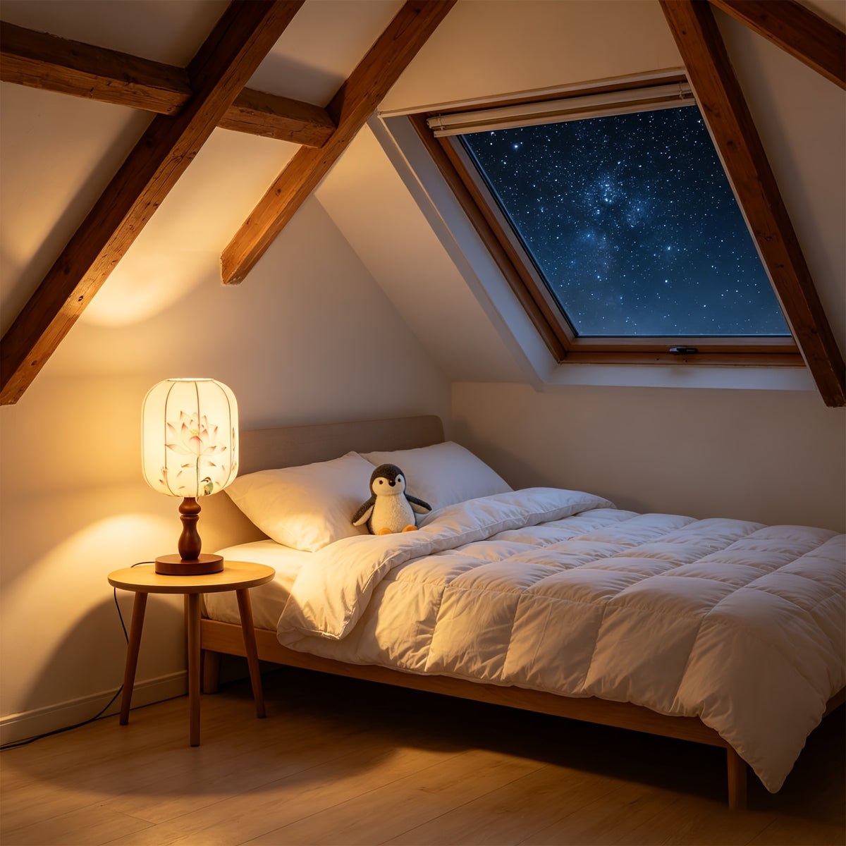 Lampe de chevet lanterne en tissu à décor d'estampe, pied en bois