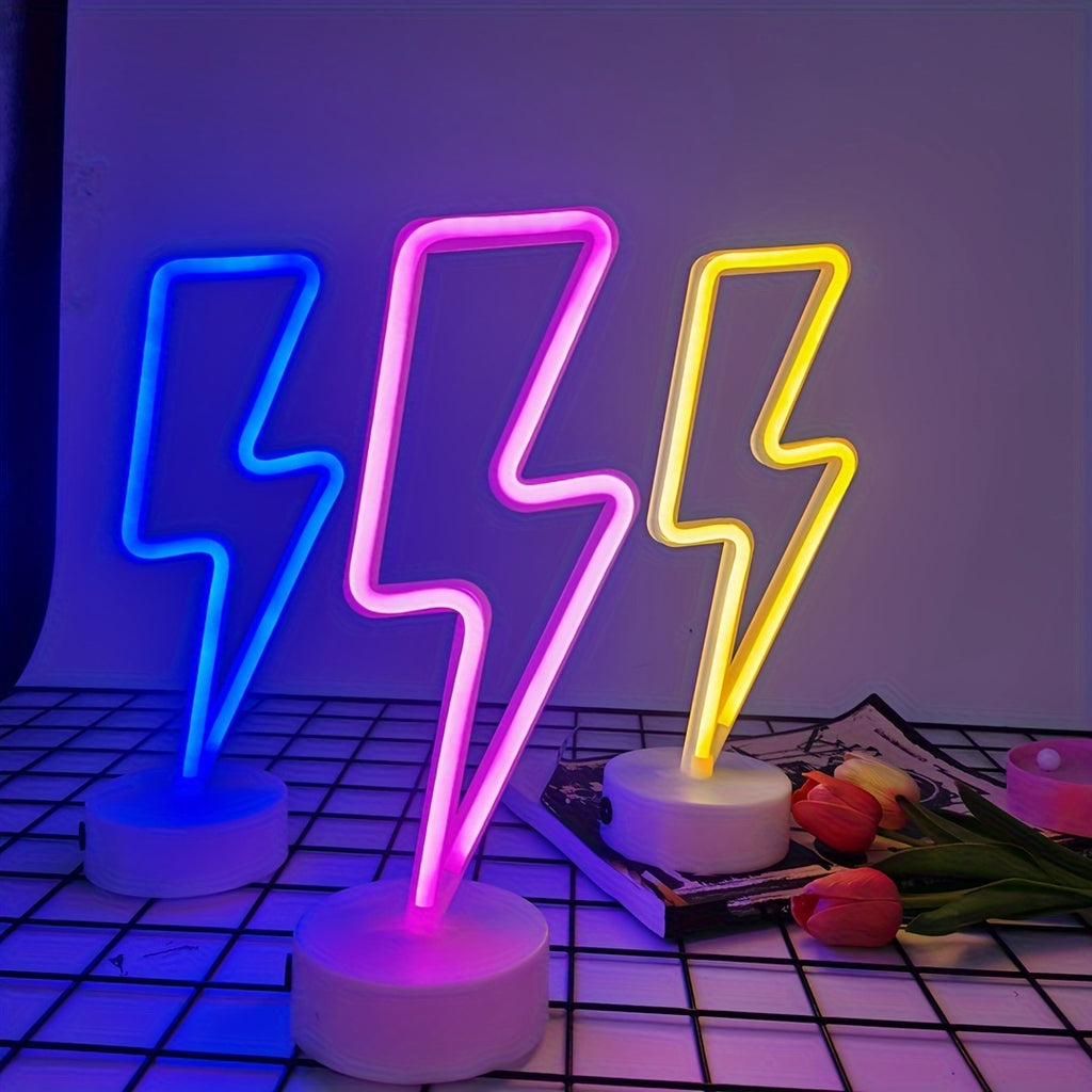 Néon LED éclair sur socle, rose, bleu ou bicolore, 31 x 11 cm