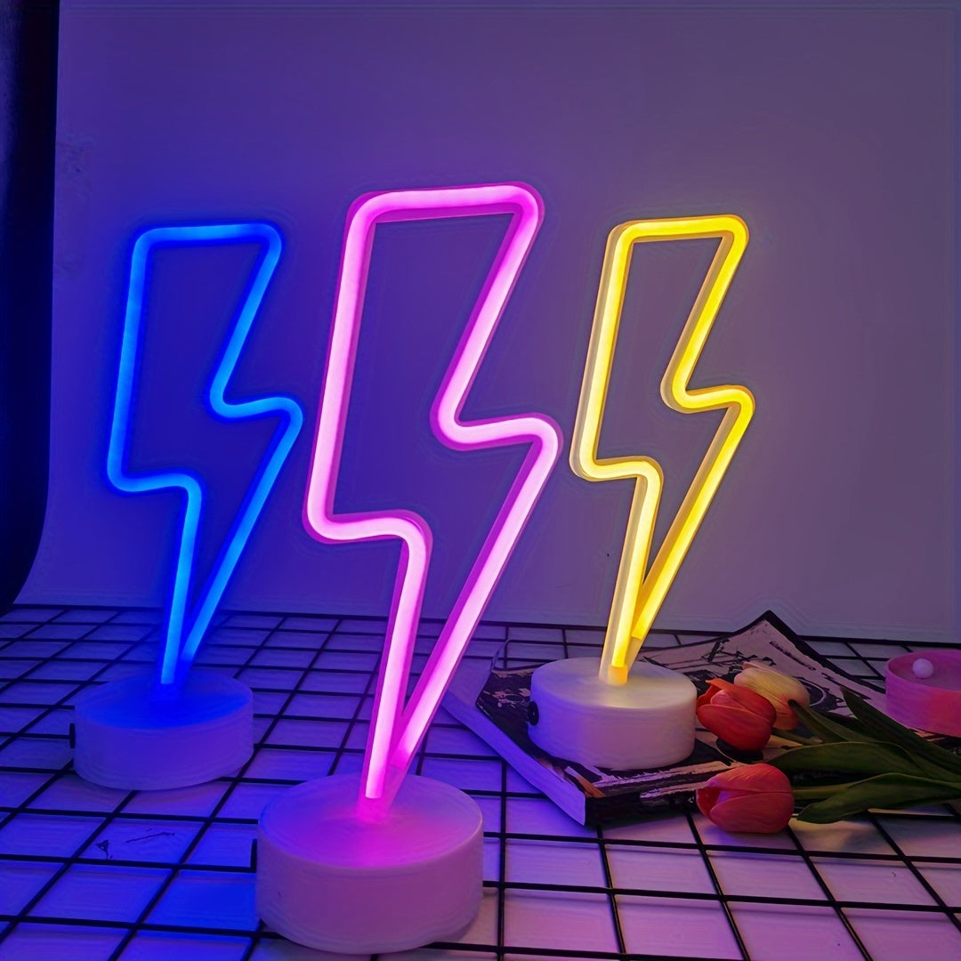 Néon LED éclair sur socle, rose, bleu ou bicolore, 31 x 11 cm