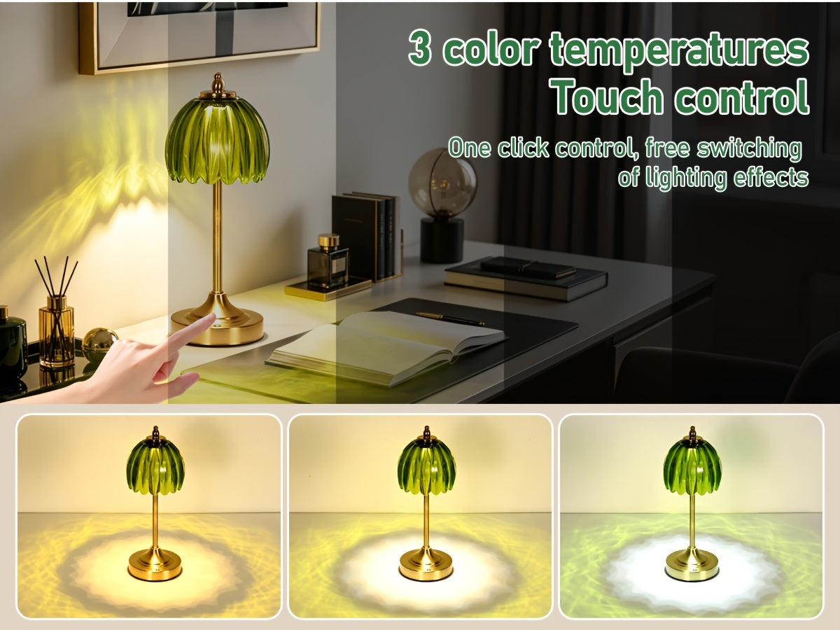 Lampe de chevet sans fil en verre nervuré vert ou orange, pied doré