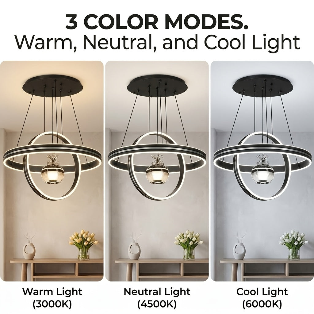 Lustre LED à deux anneaux croisés et globe fleuri, Ø 45 cm