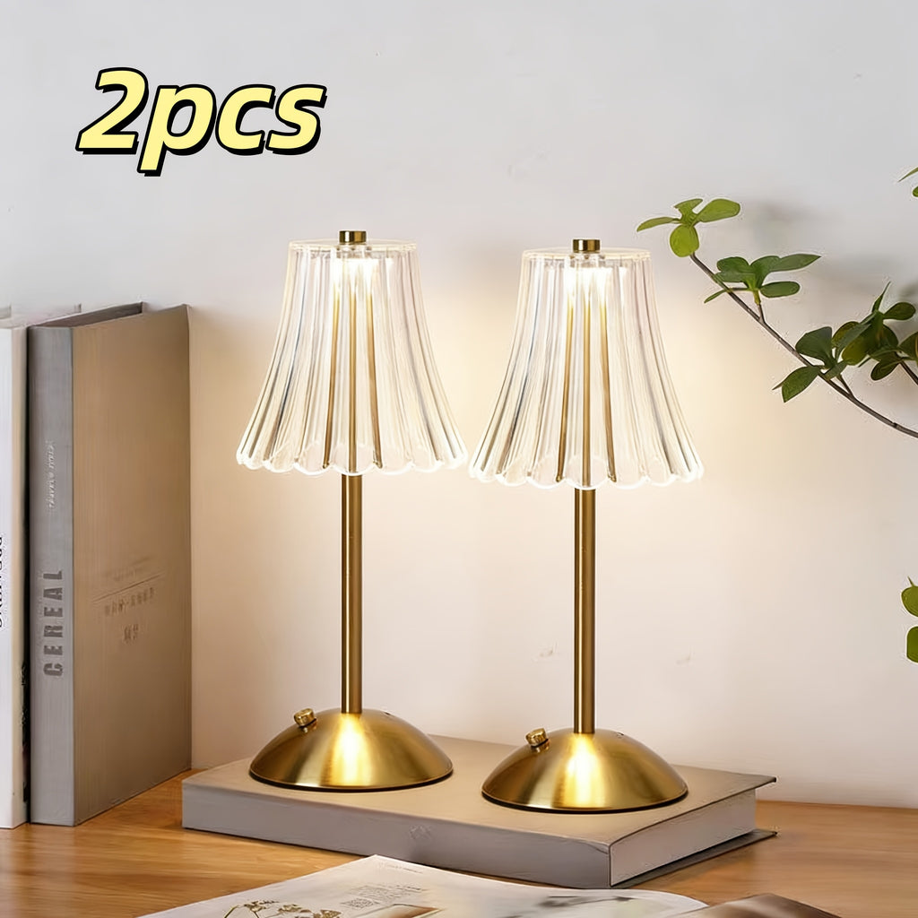Lot de 2 lampes sans fil dorées à abat-jour plissé, mémoire tactile