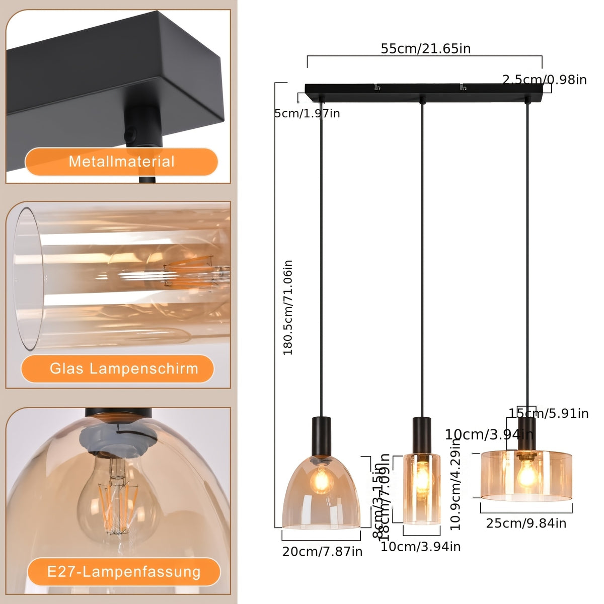 Suspension en verre ambré aux formes mêlées, 3 ou 4 lumières, E27