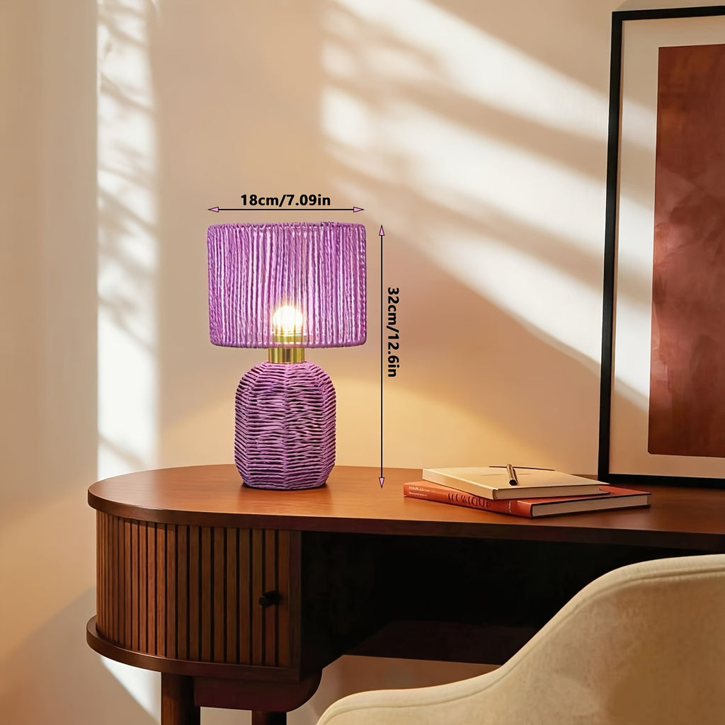 Lampe de chevet violette tressée, pied galbé et abat-jour tambour