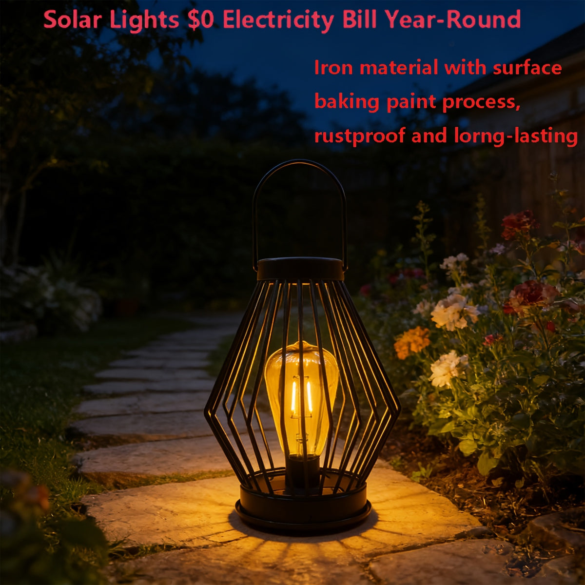 Lanterne solaire en fil de fer noir et ampoule effet Edison, 30,5 cm
