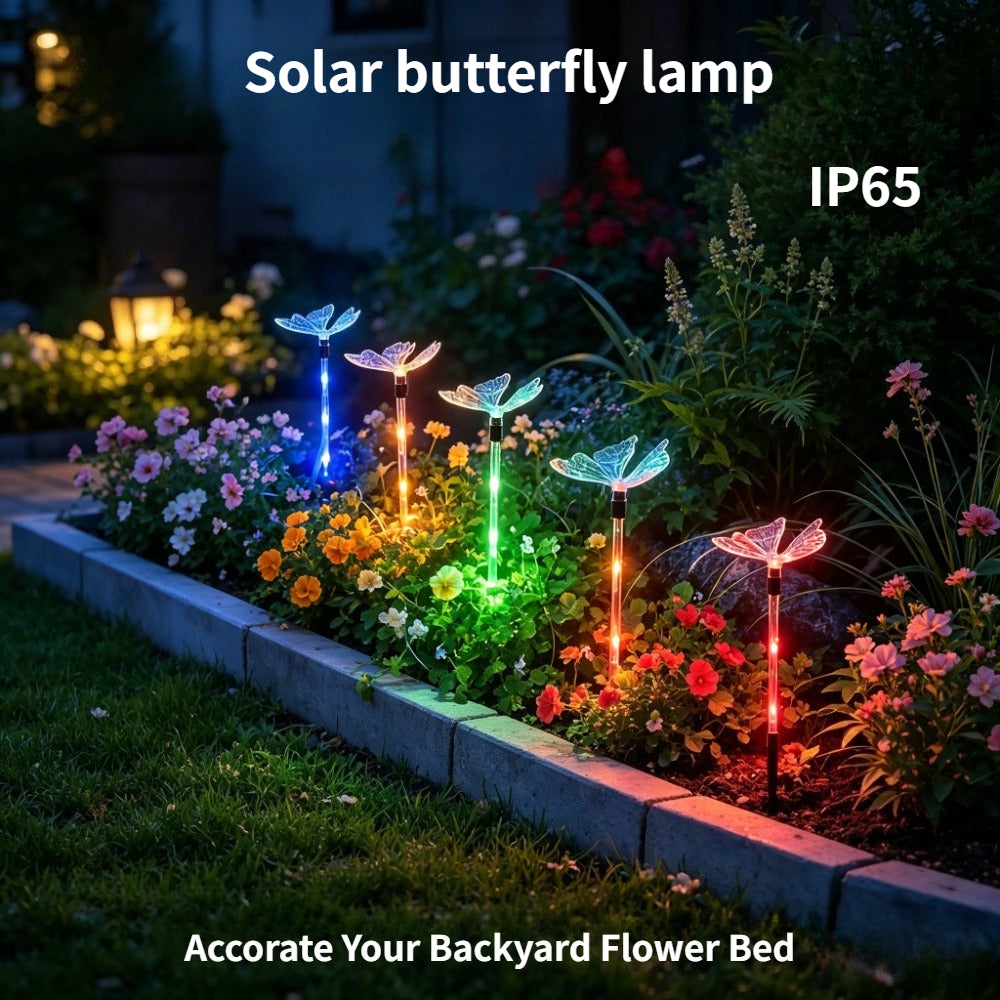 Lampe solaire papillon transparent sur tige lumineuse, lot de 4