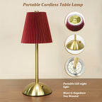 Lampe de chevet sans fil rouge, abat-jour plissé et pied doré