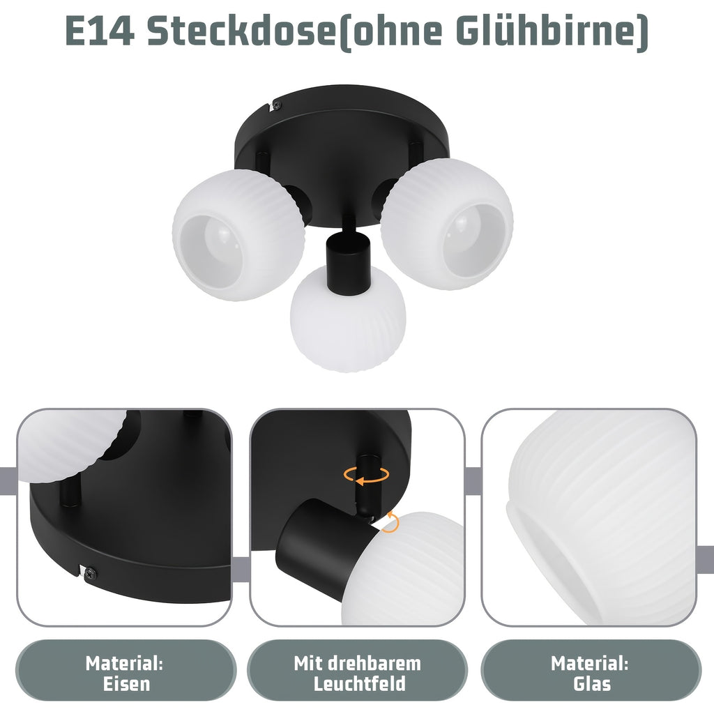 Plafonnier 3 globes en verre blanc côtelé sur platine noire, E14