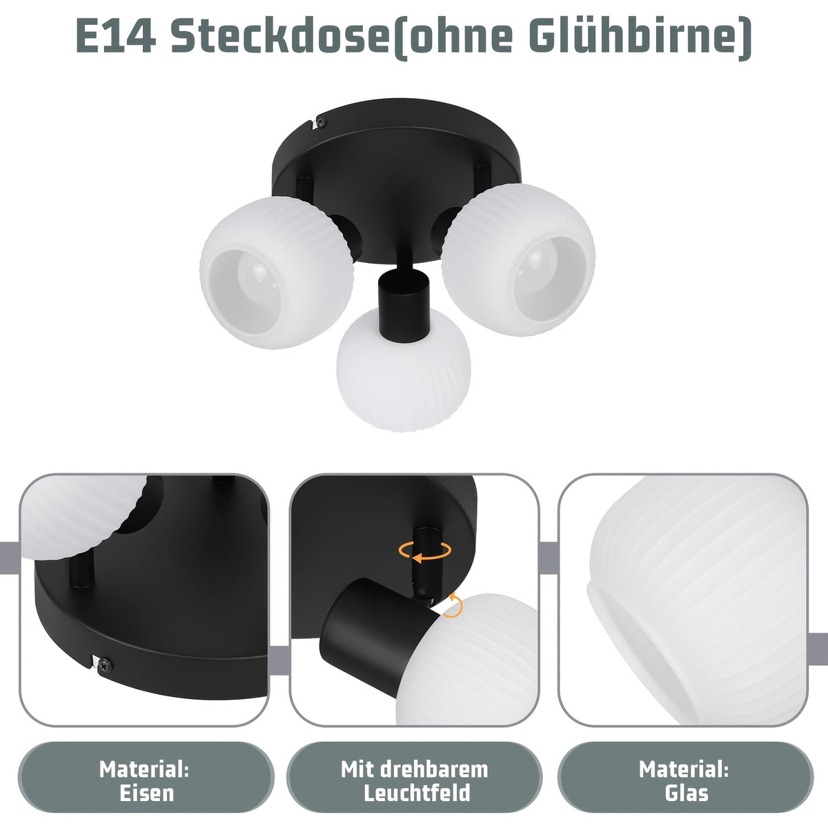 Plafonnier 3 globes en verre blanc côtelé sur platine noire, E14