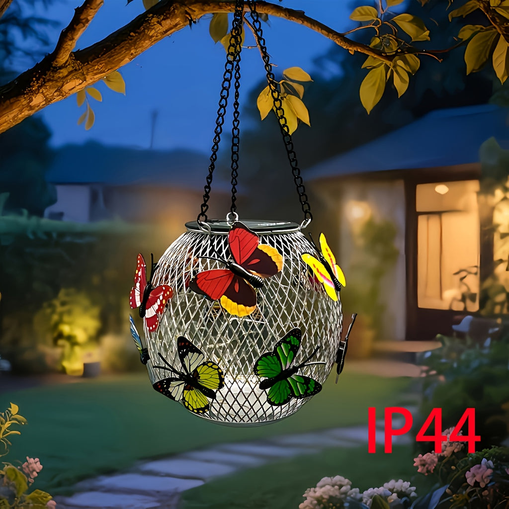 Suspension solaire boule grillagée aux papillons colorés, IP44