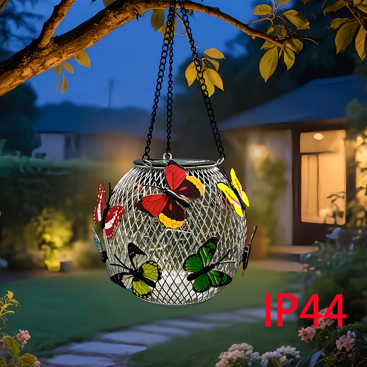 Suspension solaire boule grillagée aux papillons colorés, IP44