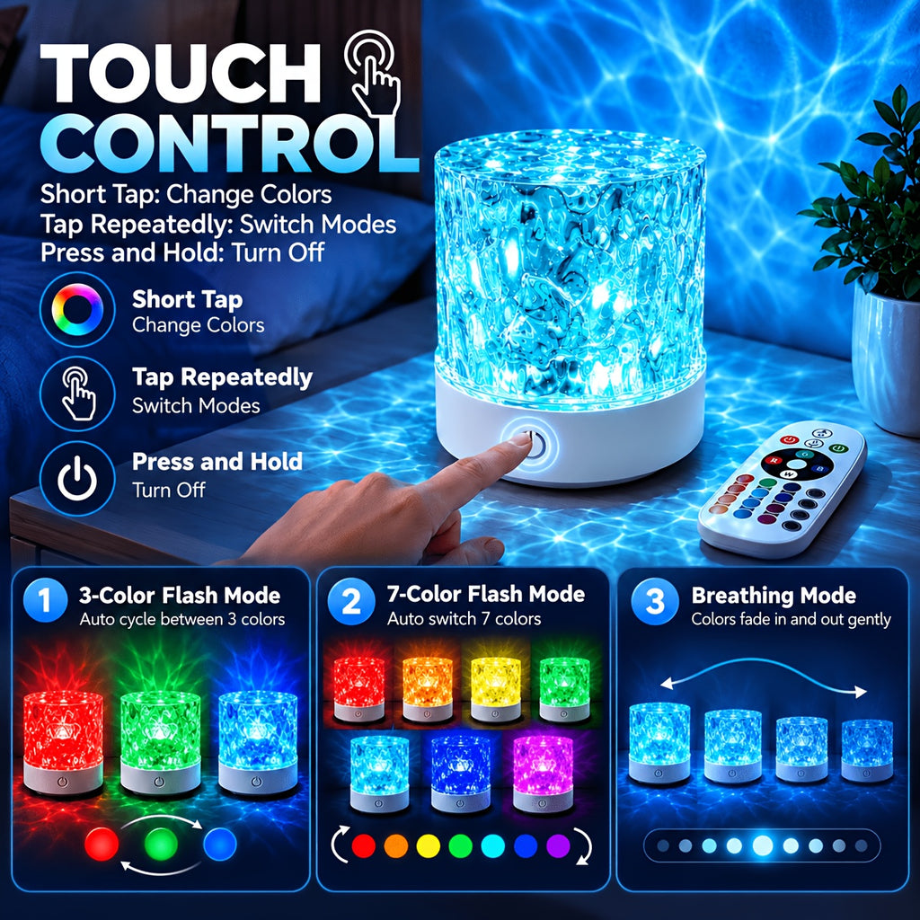Lampe d'ambiance à reflets d'eau, cylindre ciselé et télécommande