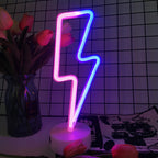 Néon LED éclair sur socle, rose, bleu ou bicolore, 31 x 11 cm