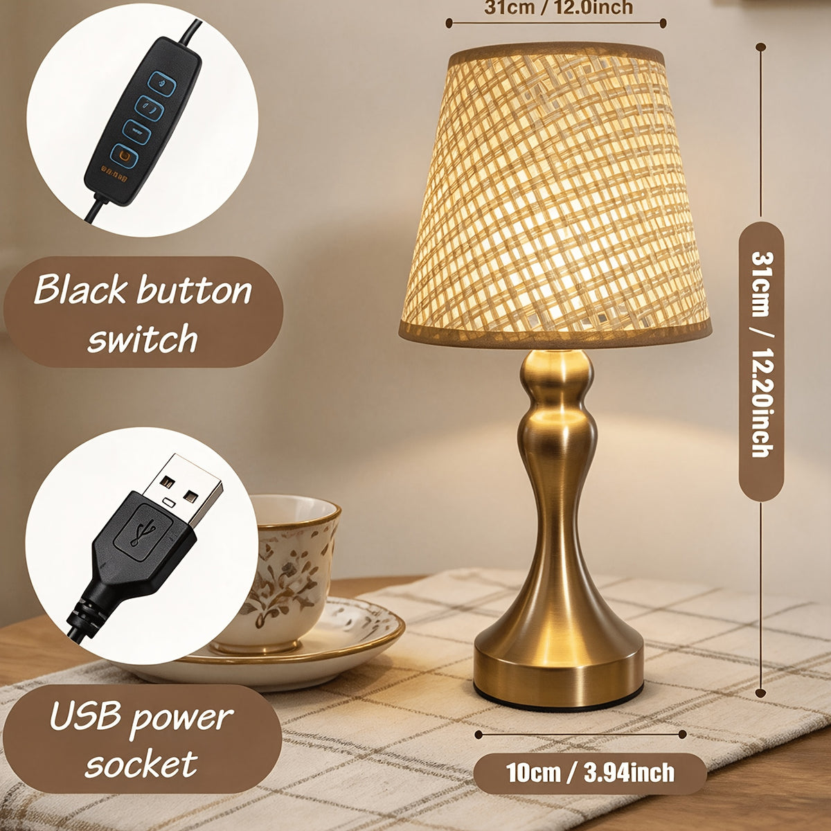 Lampe de chevet en rotin tressé, pied balustre doré et câble USB