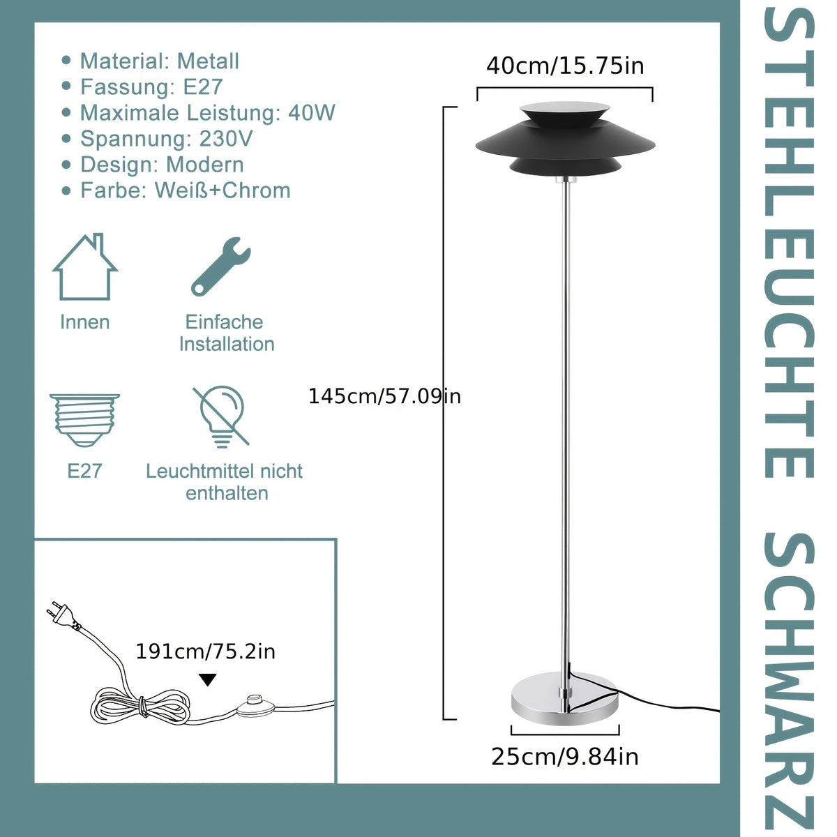 Lampadaire à double coupole noire et tige chromée, 145 cm