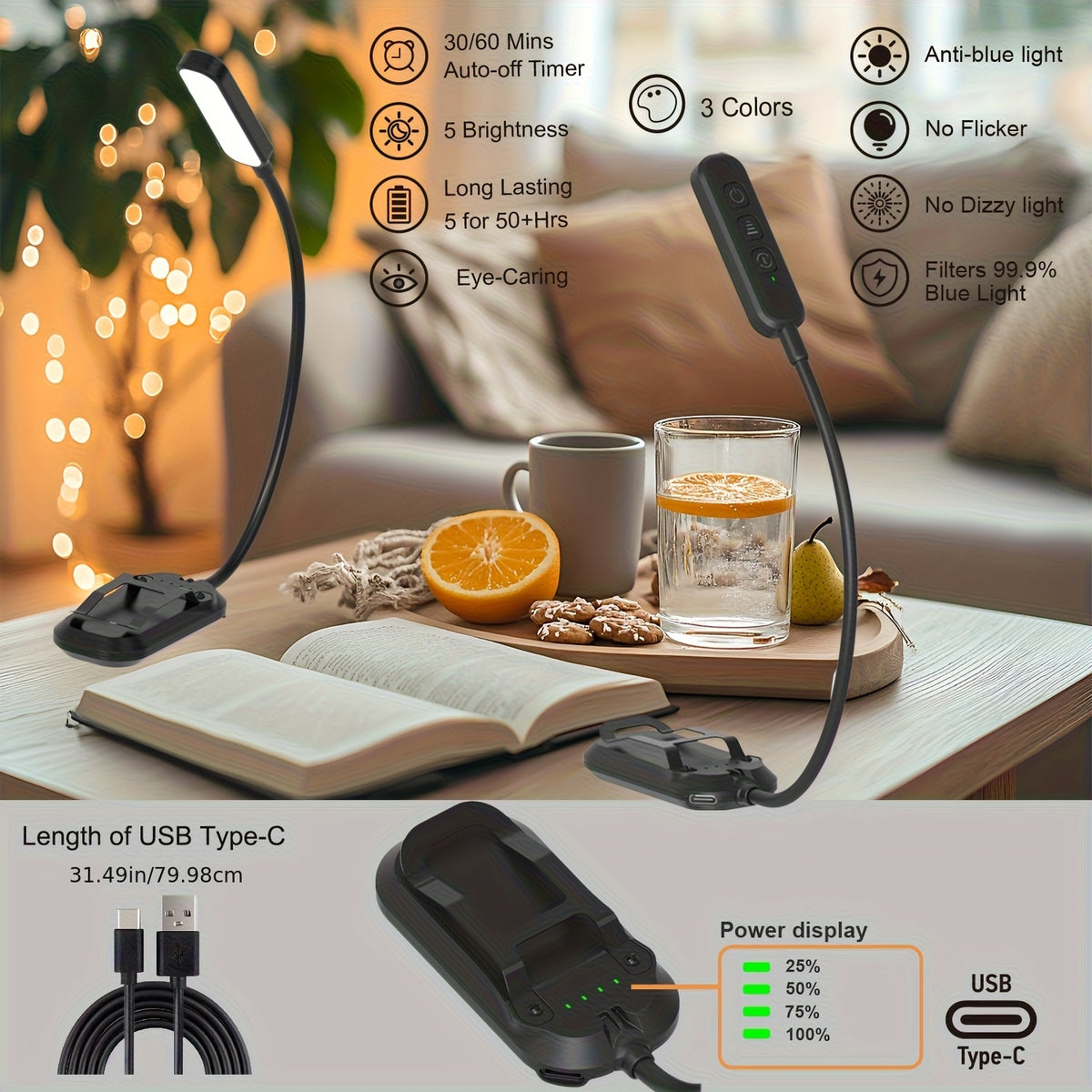 Lampe de lecture à pince 20 LED de 54 g, lumière ambrée 1600 K