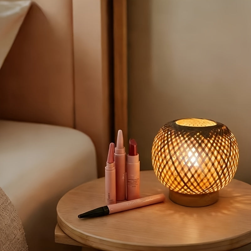Lampe de chevet boule en bambou tressé, socle en bois, 18 cm