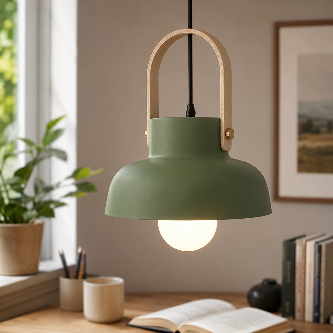Suspension dôme en métal coloré et anse effet bois, Ø 24 cm