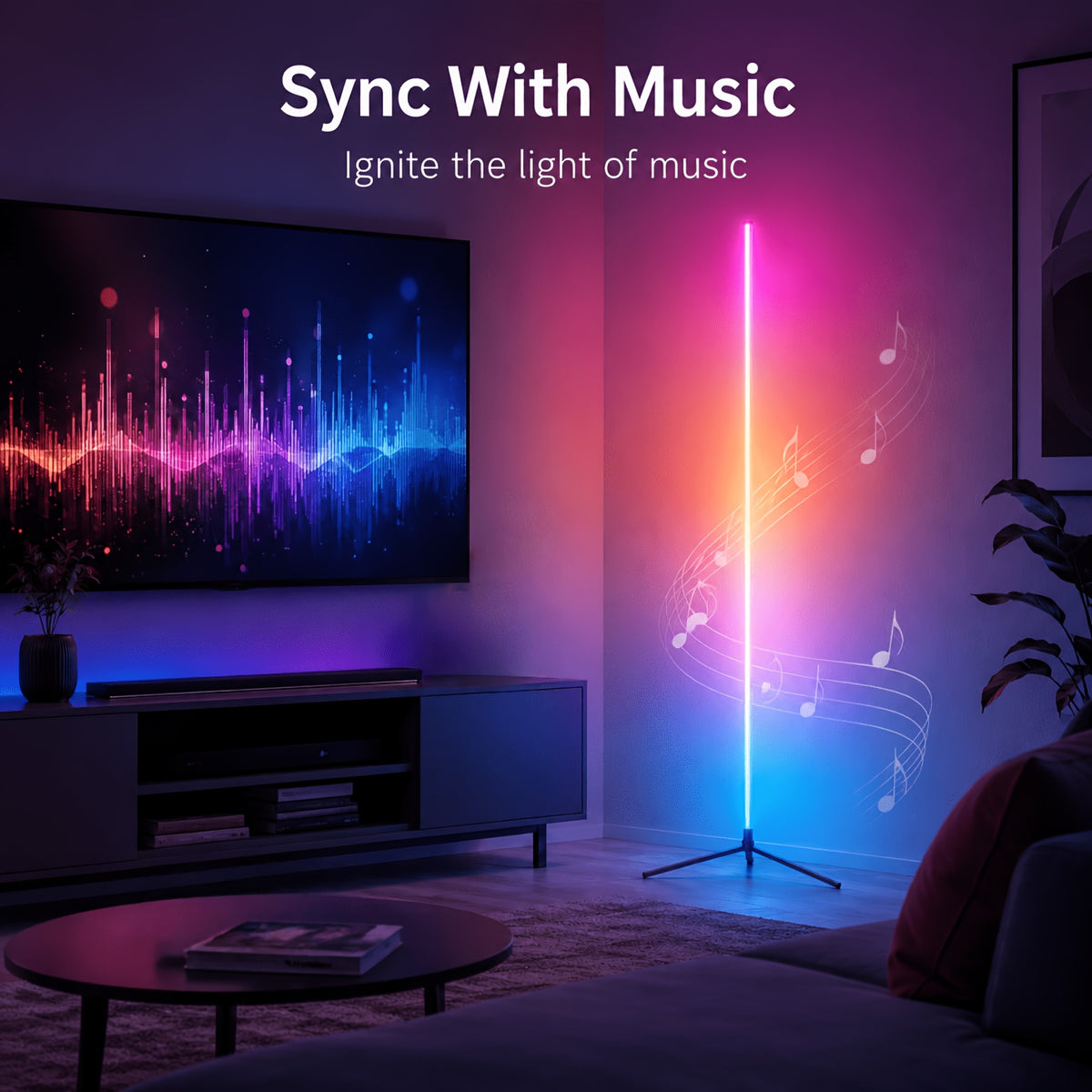 Lampadaire trépied LED RVB synchronisé à la musique, 107 cm