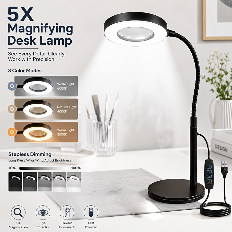 Lampe de bureau LED à loupe x5 et col de cygne, 3 teintes USB