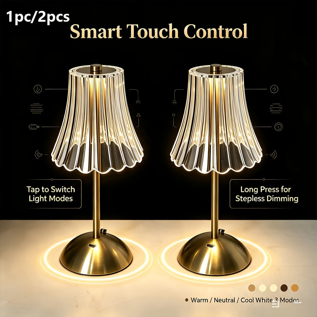 Lampe de chevet sans fil dorée, abat-jour cannelé transparent
