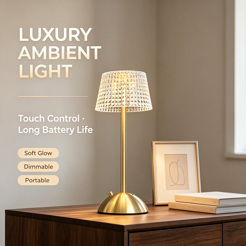 Lampe de chevet sans fil dorée, abat-jour taillé en pointes de diamant