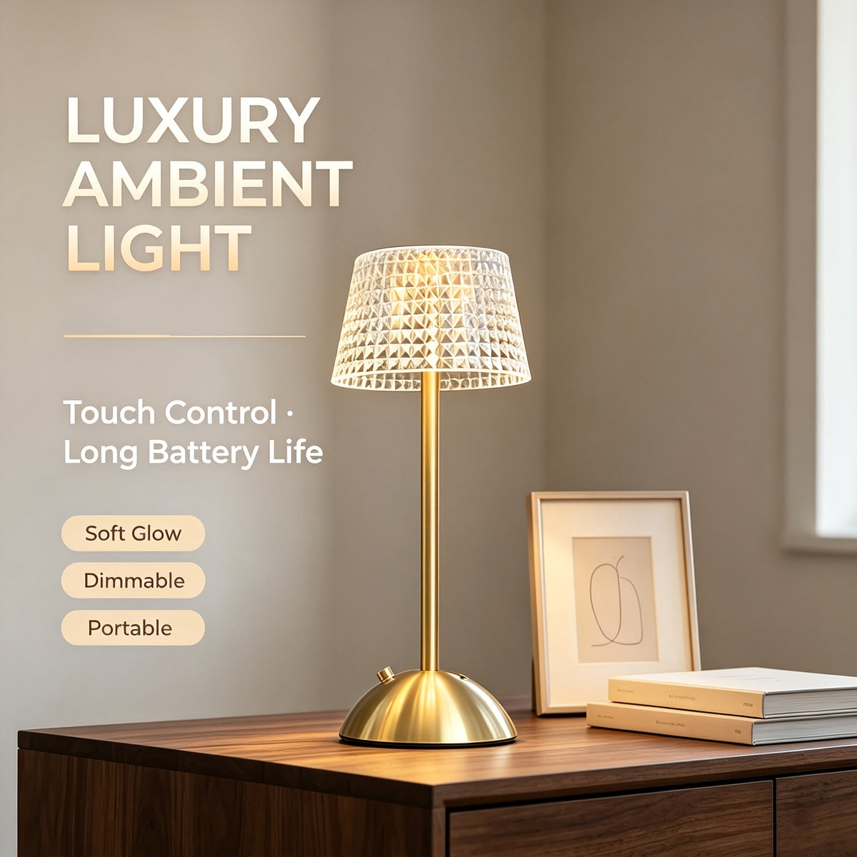 Lampe de chevet sans fil dorée, abat-jour taillé en pointes de diamant