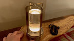 Lampe lanterne sans fil rétro, cylindre transparent et cadre métal