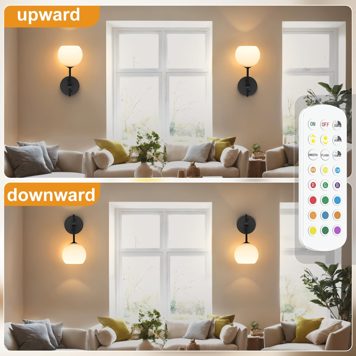 Applique murale globe en verre opalin sans fil, lot de 2, RVB et blanc