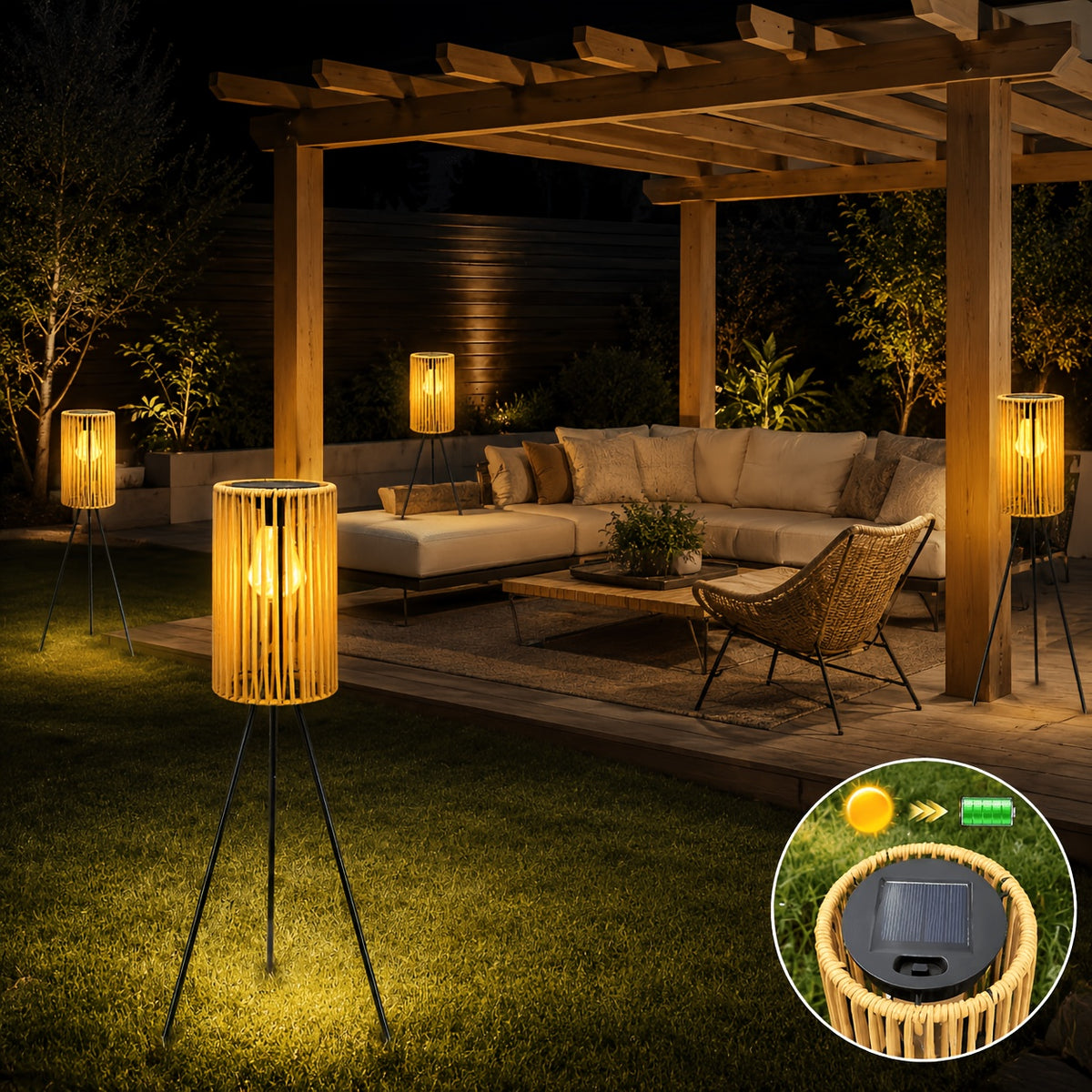 Lampadaire solaire trépied 78 cm, lanterne tressée effet rotin