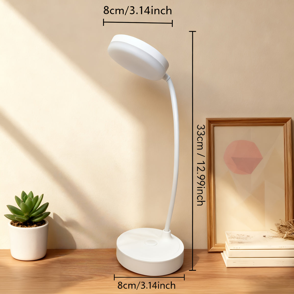 Lampe de bureau LED rechargeable à col flexible, tête ronde blanche