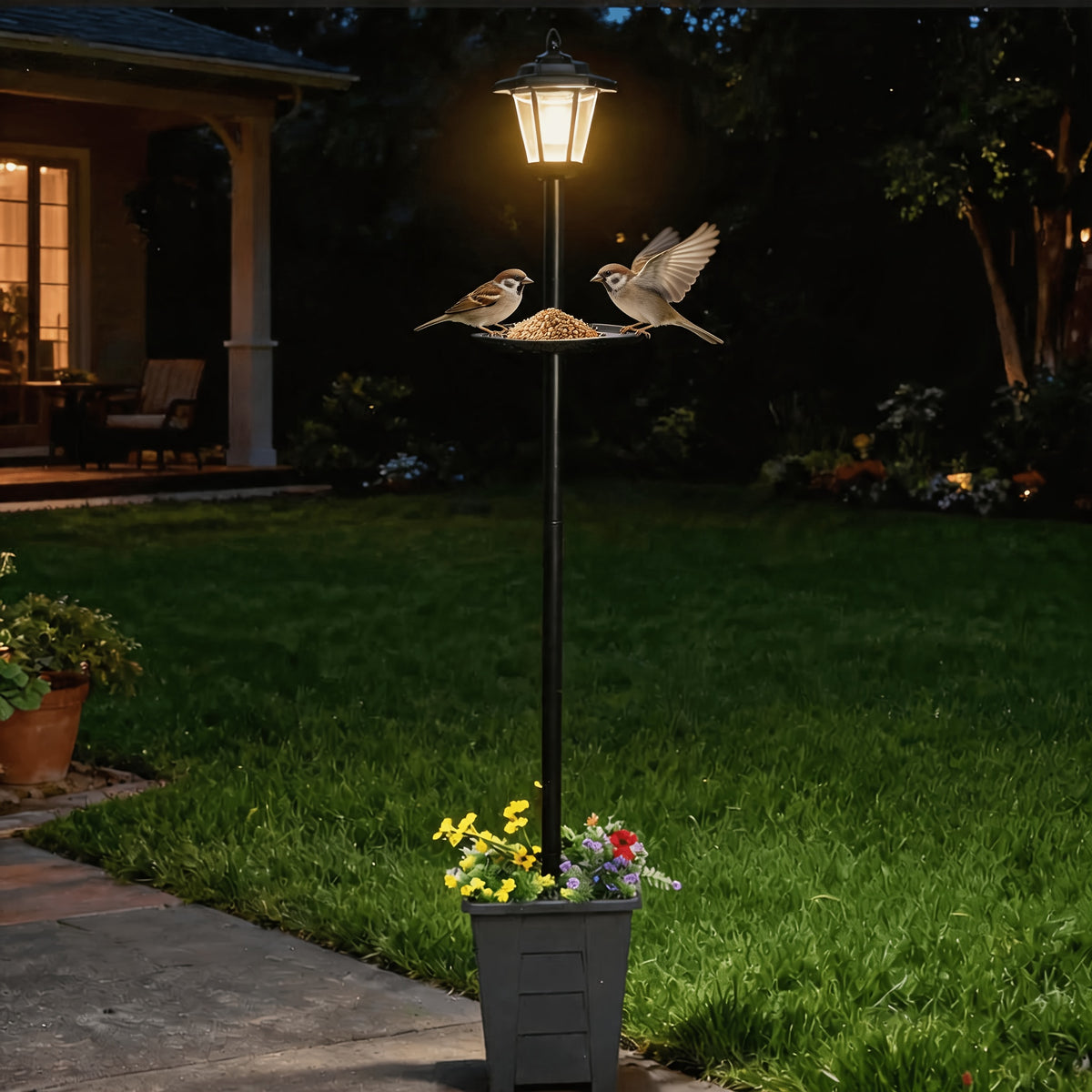 Réverbère solaire avec mangeoire et bac à fleurs nervuré