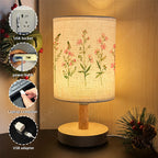 Lampe de chevet USB à abat-jour fleuri et pied effet bois clair