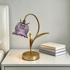 Lampe fleur de muguet sans fil, clochette en verre lilas et tige dorée