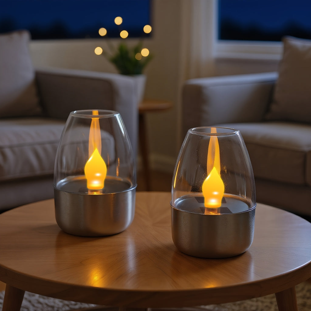 Lot de 3 bougies solaires LED sous globe transparent, IP44, 8,5 cm