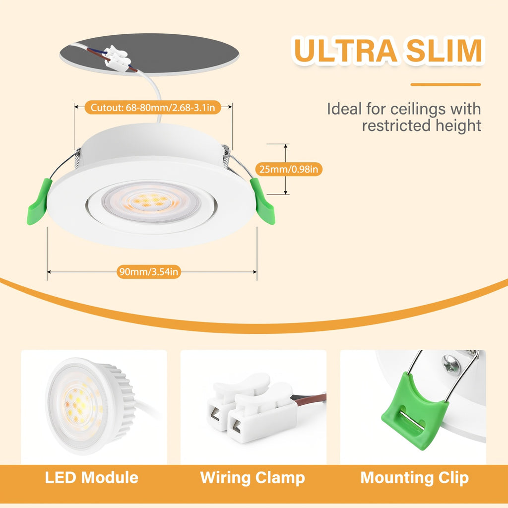 Lot de 6 spots LED encastrés orientables 5W, trois blancs à variateur