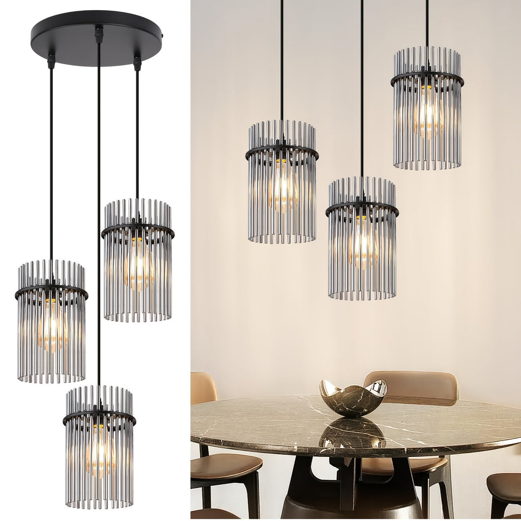 Suspension 3 lampes à baguettes de verre fumé, rosace ou barre