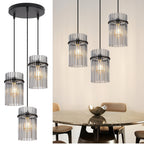 Suspension 3 lampes à baguettes de verre fumé, rosace ou barre