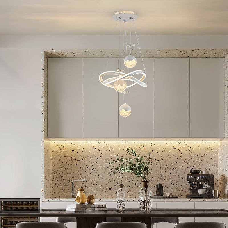 Lustre LED blanc à anneaux entrelacés et globes perlés, trois teintes