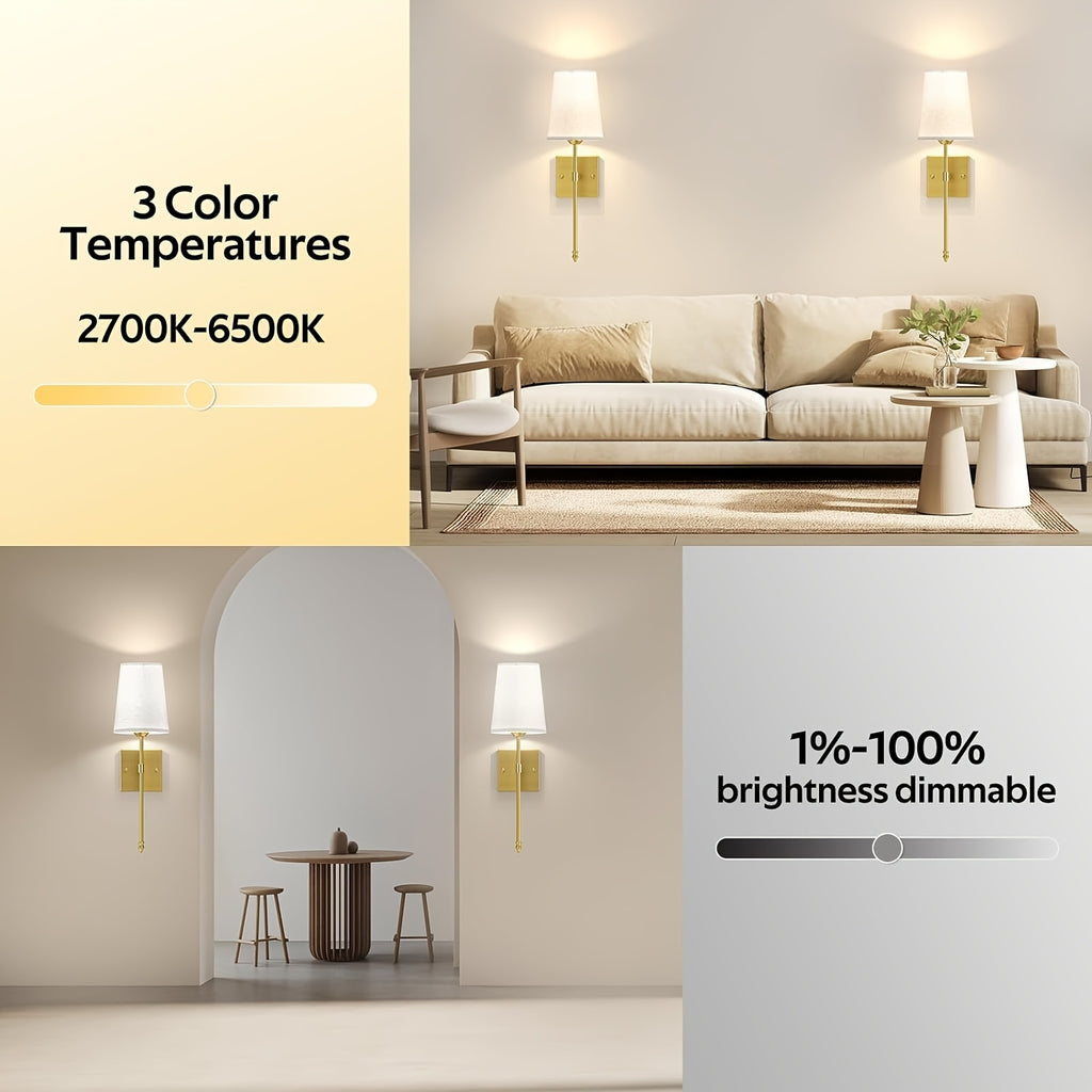Applique murale dorée sans fil, lot de 2, abat-jour effet lin et RVB