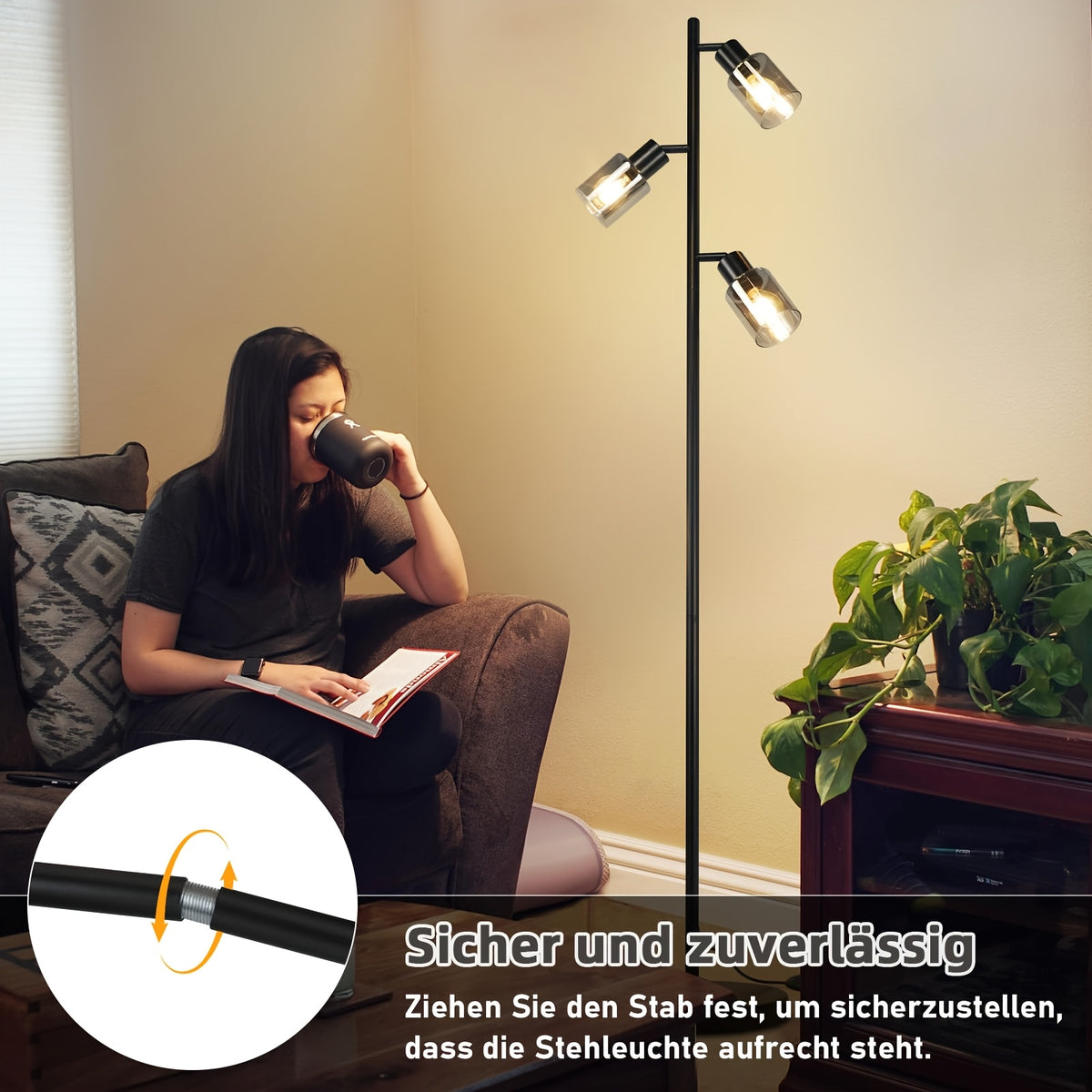 Lampadaire noir à trois spots en verre fumé orientables, 138 cm